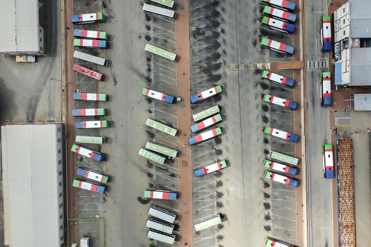 Aerial view of a bus depot and circulation lanes