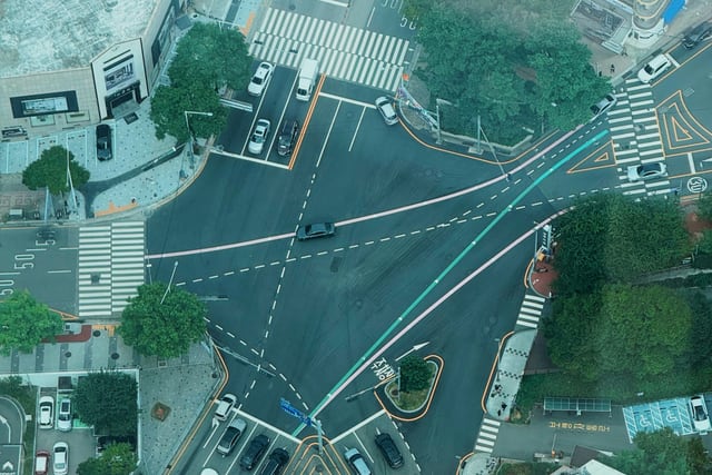 Aerial view of traffic and pedestrian crossings at a city junction