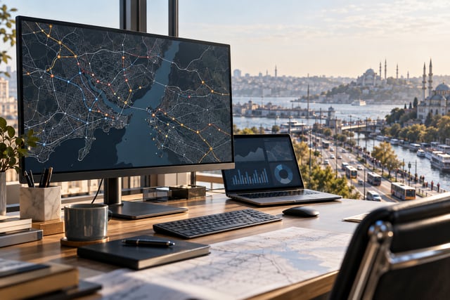 Illustrative transport-data workspace overlooking an urban network